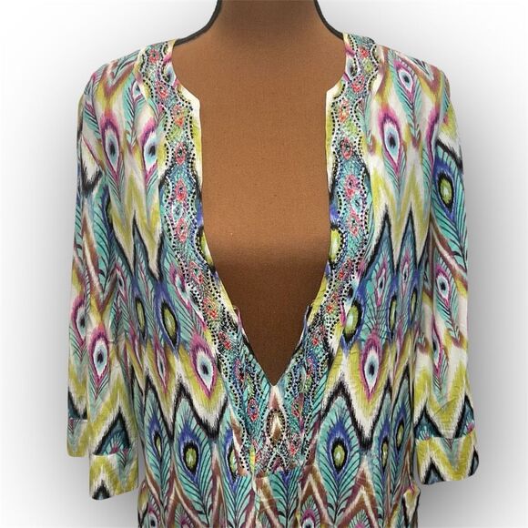 Vix by Paula Hermanny Beaded Kaftan Swim Cover Up Top Sheer Blouse, Women’s M - Picture 7 of 12